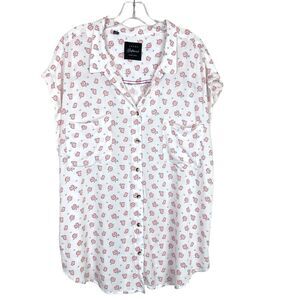 Jachs Girlfriend Button Up Blouse Size XXL White Pink Floral Retro Cuff Sleeve